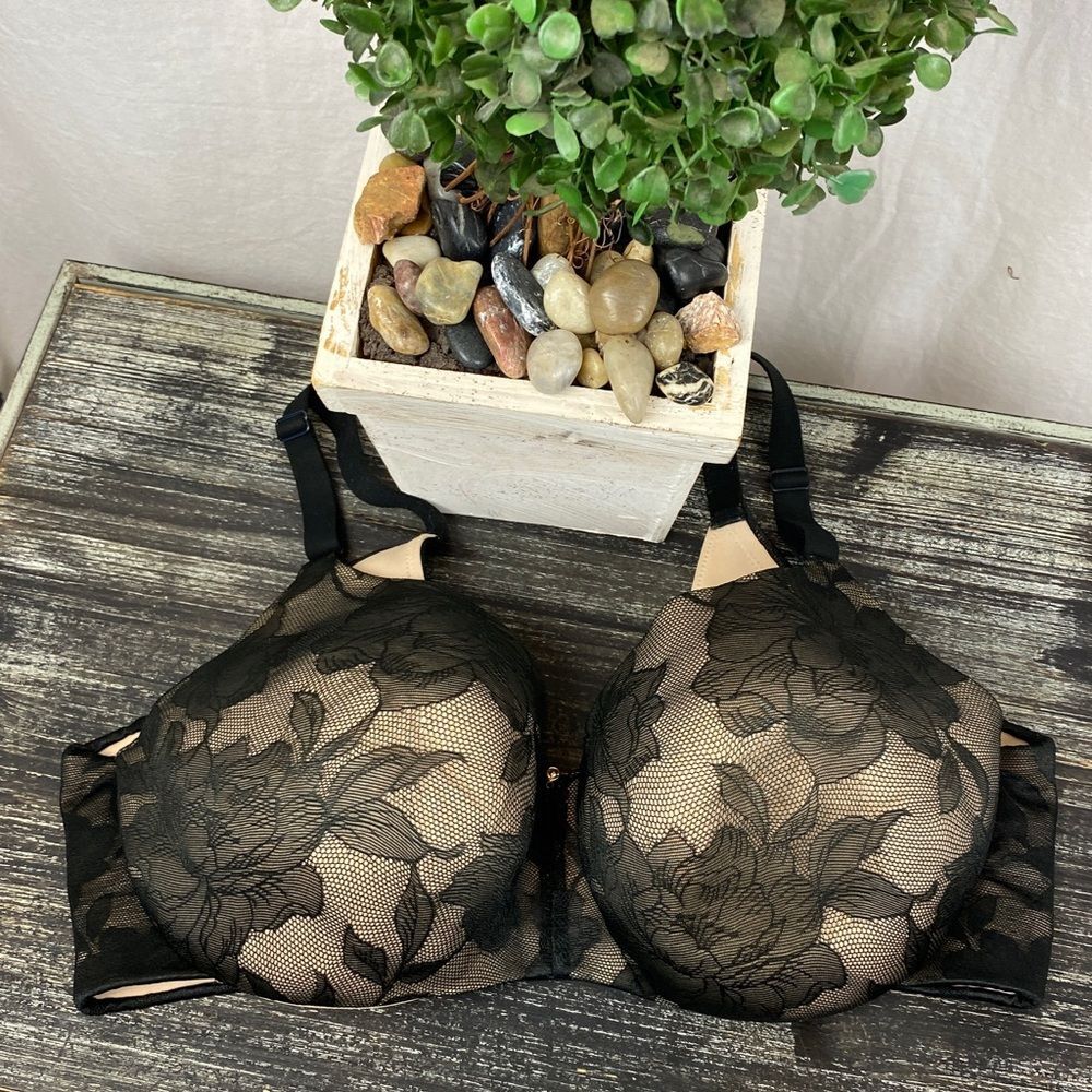 Cacique‎ Black & Nude Floral Cup Lightly Lined Underwire Balconette Bra 38DDD